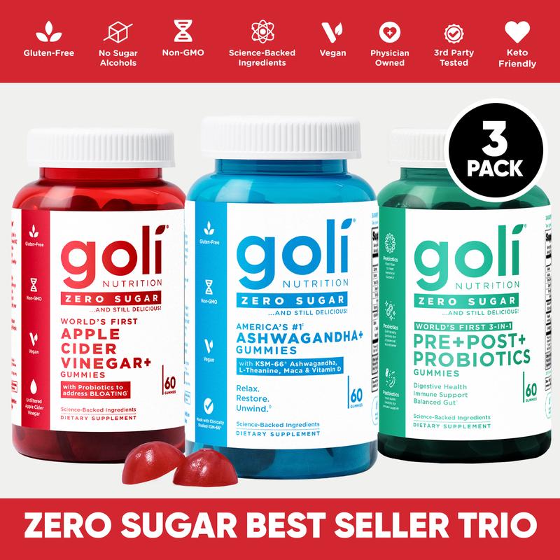 Goli Zero Sugar Trio - World's First 3-in-1 Pre, Post, Probiotic, Apple Cider Vinegar with Vitamin B12 and Probiotics, Ashwagandha & L-Theanine, Vitamin D Gummies