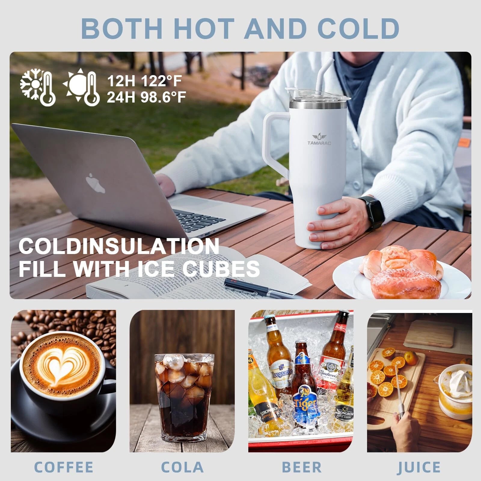 40 oz Tumbler with Handle and Straw Lid Double Wall Vacuum Reusable Stainless Steel Insulated Water Bottle